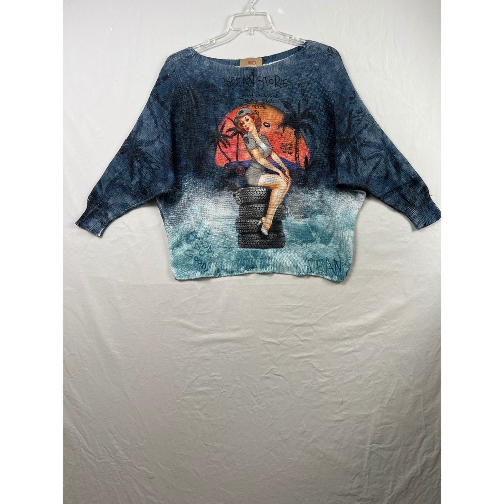 Free For Humanity Pinup Girl Sweater Womens OS Blue Graphic Batwing Knit Top